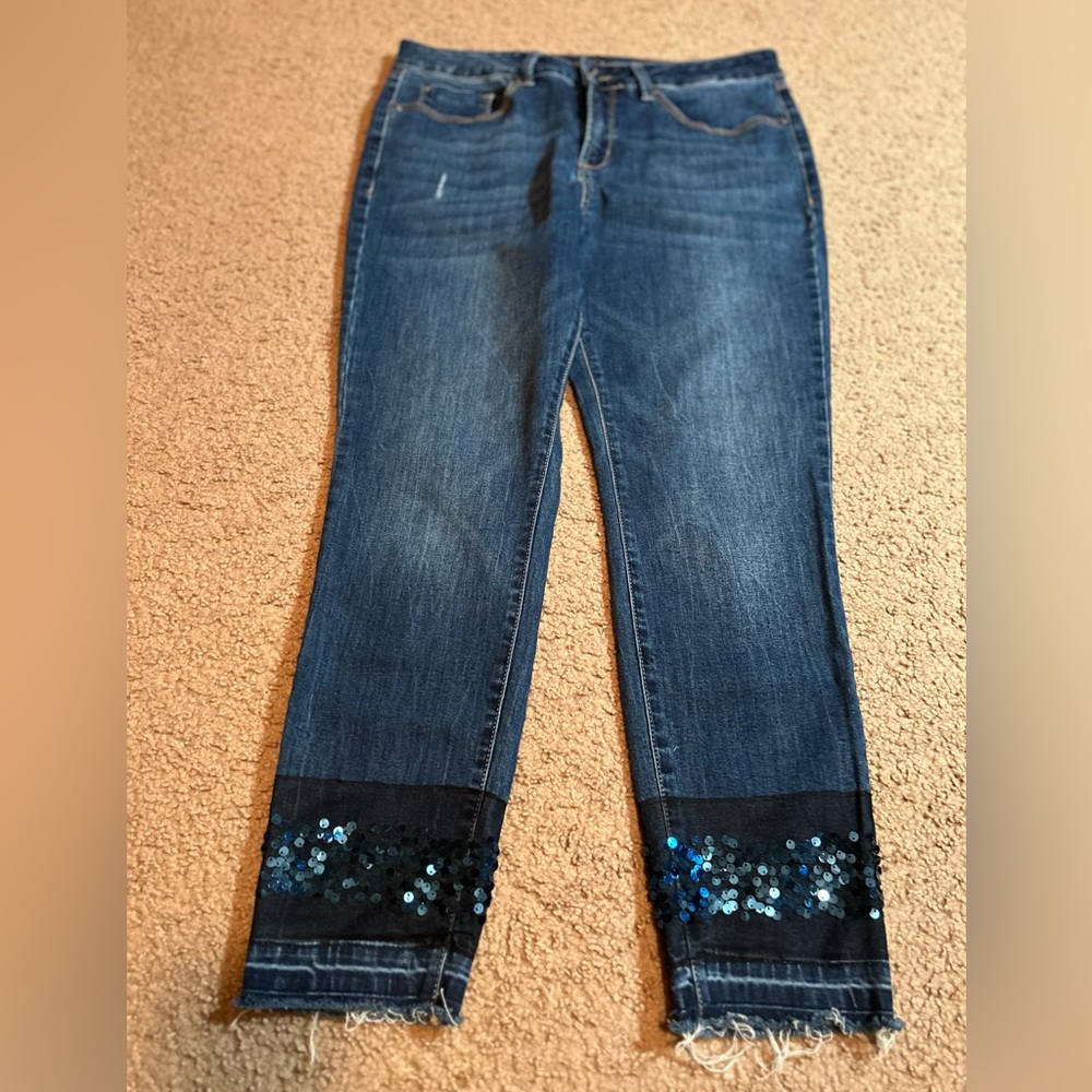 Signature Studio Ankle Jeans Womens Size 14 High Rise Blue Sequin Detail Stretch